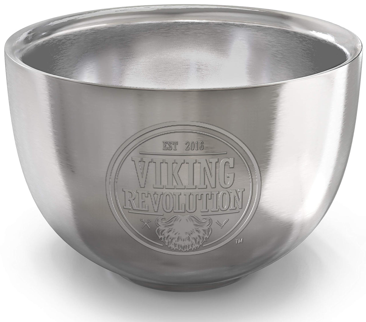 Viking Revolution shaving mug in use with brush producing thick lather for closer shave