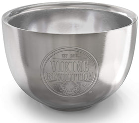 Viking Revolution shaving mug in use with brush producing thick lather for closer shave