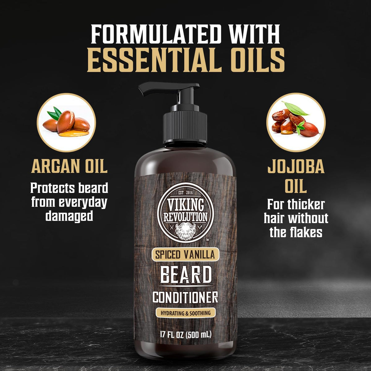 Viking Revolution argan and jojoba oils ingredient shot showing natural oils that hydrate and strengthen beard hair