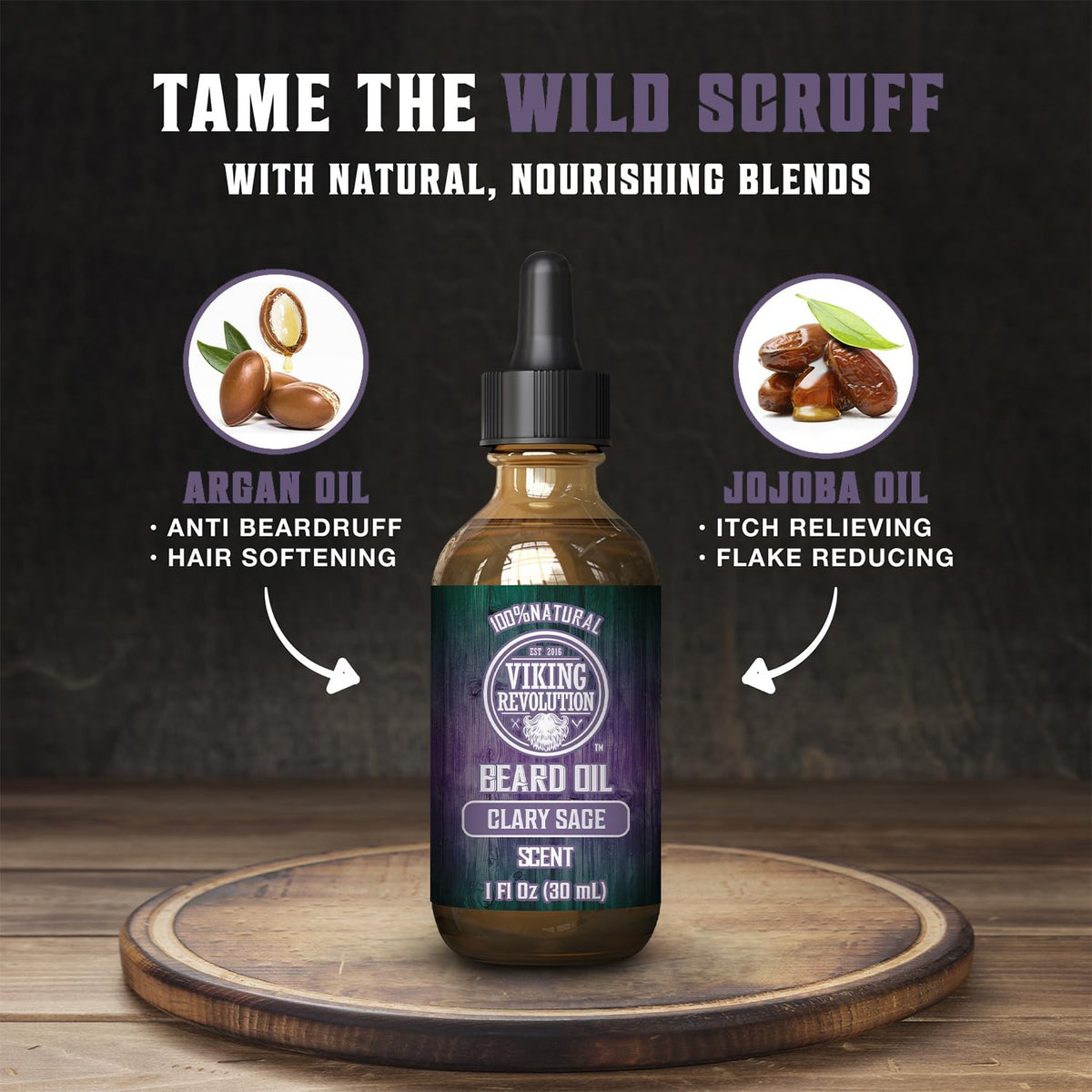 Viking Revolution bottle with argan and jojoba highlighting natural ingredients
