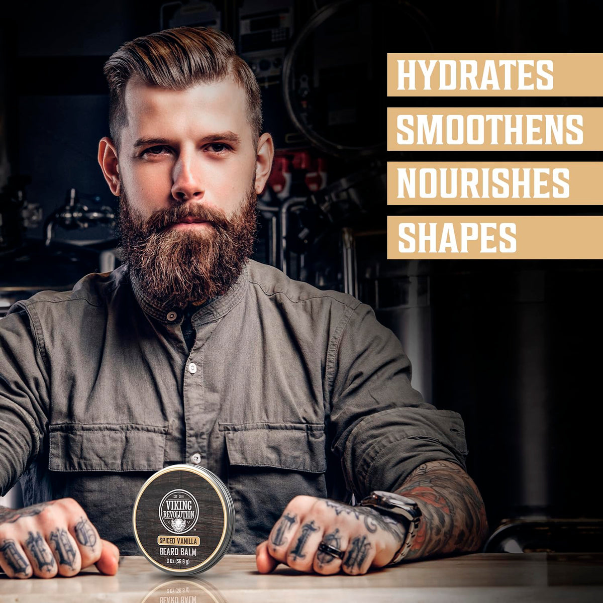 Viking Revolution arranged argan and jojoba oils near tin highlighting nourishing ingredient benefits