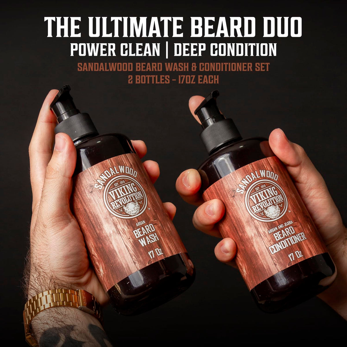 Viking Revolution label close-up highlighting sandalwood scent and natural oils