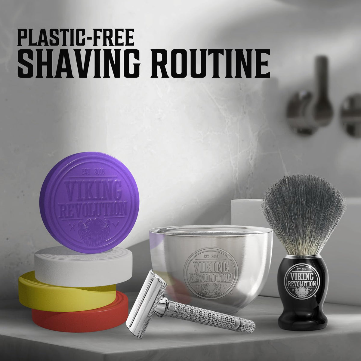 Viking Revolution shaving set in bathroom lifestyle scene showing elevated grooming routine