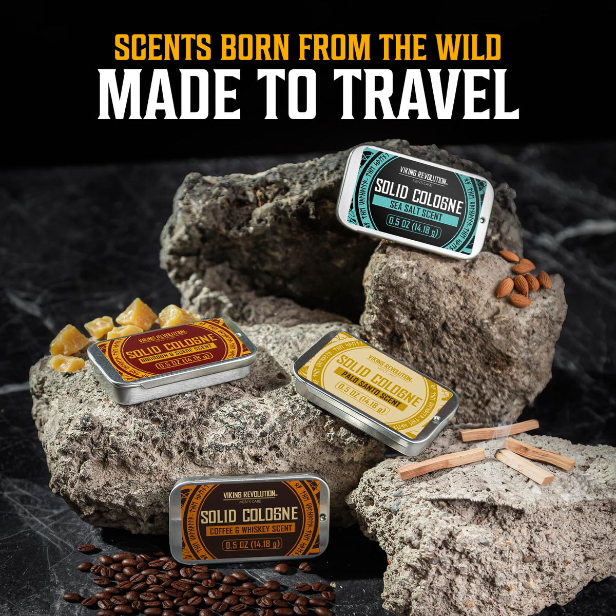 Viking Revolution lifestyle outdoor use showing a man applying cologne while hiking benefit: rugged, on-the-go scent