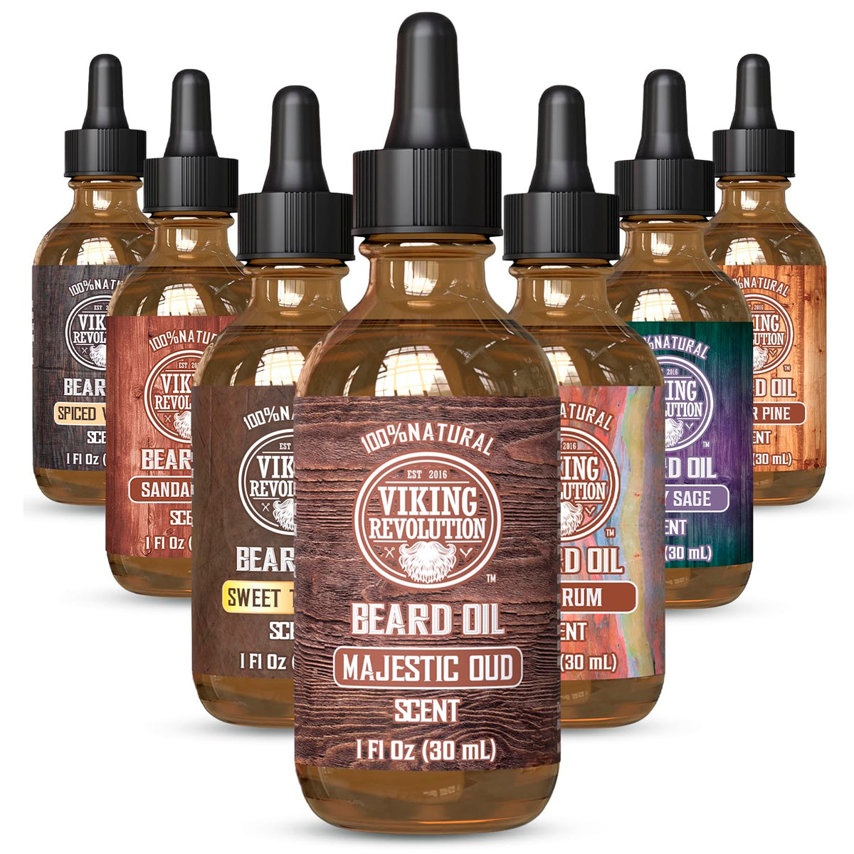 Viking Revolution front packaging showing Majestic Oud beard oil and benefits
