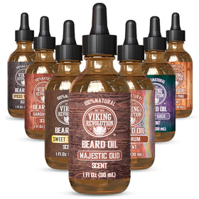 Viking Revolution front packaging showing Majestic Oud beard oil and benefits