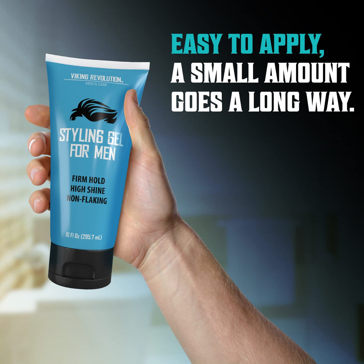 Viking Revolution man styling hair in bathroom for quick long lasting control