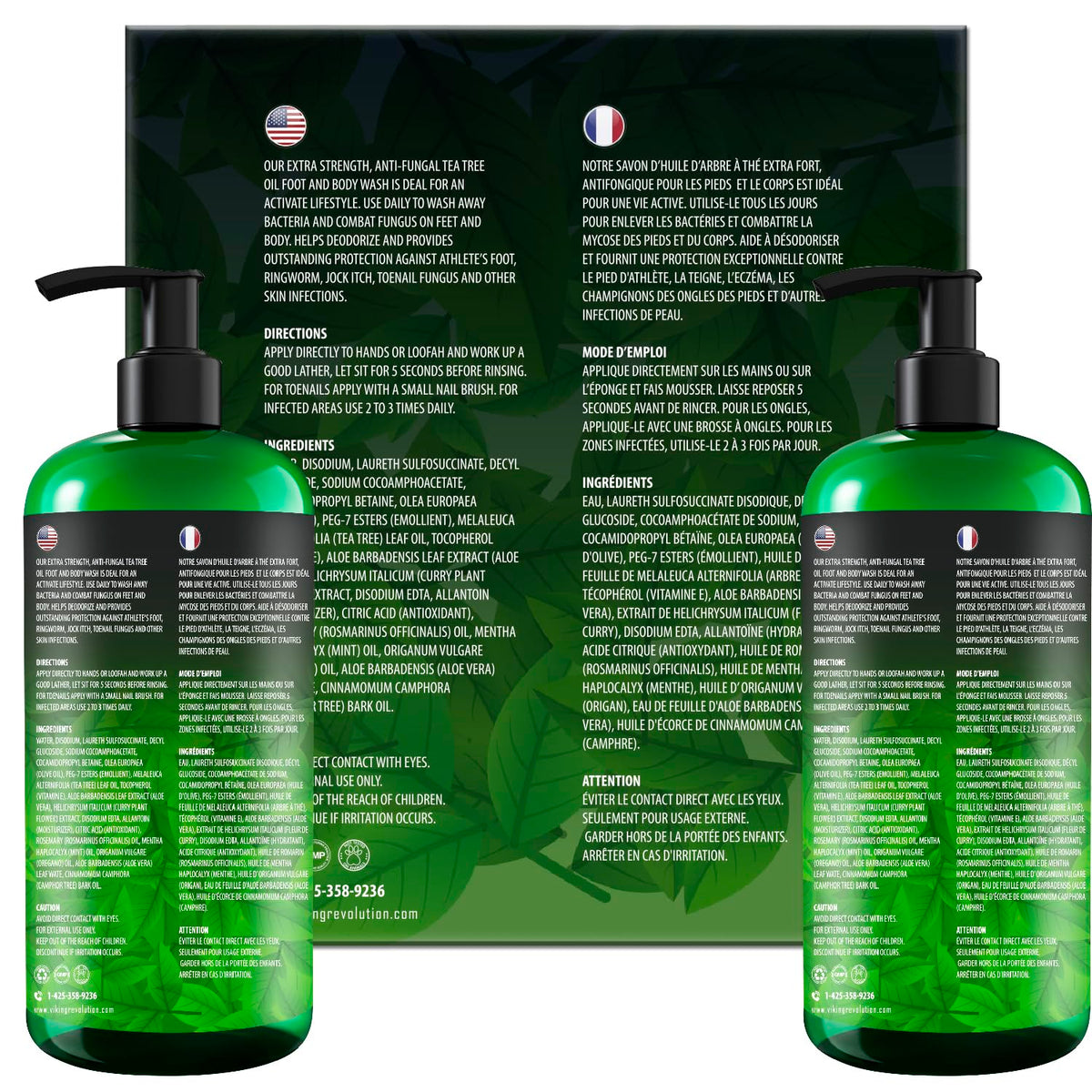 Viking Revolution tea tree leaves and oil highlighting natural active ingredient