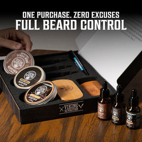 Viking Revolution oils and balms grouped to show scents and sizes benefit: versatile grooming options