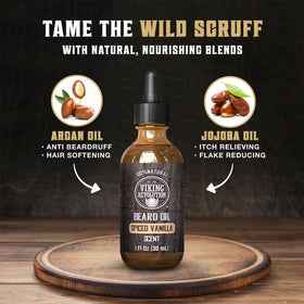 Viking Revolution applying beard oil to facial hair for smoother styling