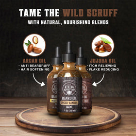 Viking Revolution oil texture pouring from dropper to show lightweight absorption and non-greasy finish