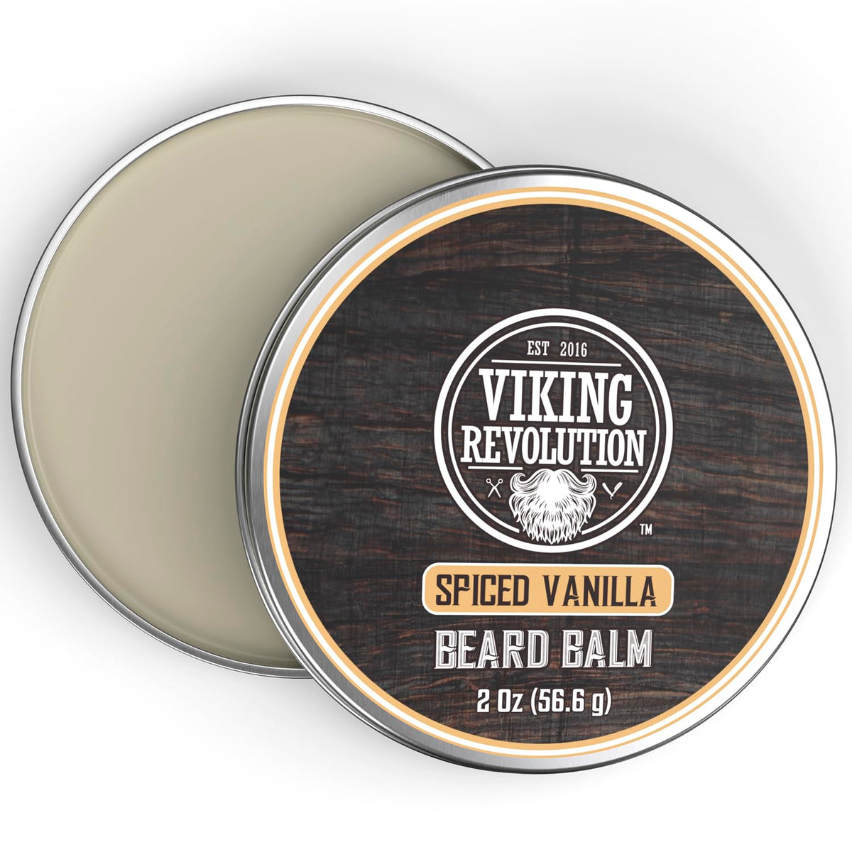 Viking Revolution open tin close-up of creamy beard butter texture promoting smooth application benefits