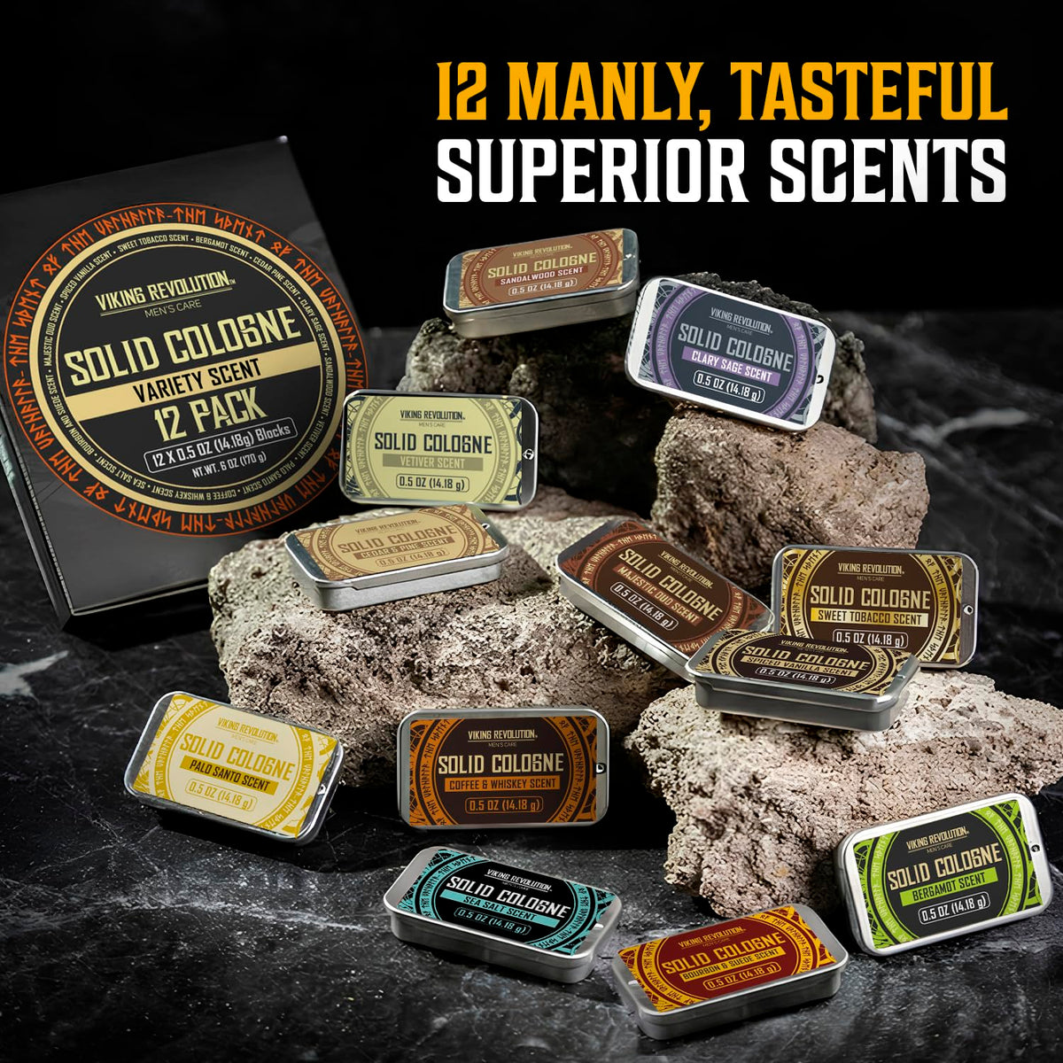 Viking Revolution open tins array displaying diverse scents for easy selection benefit