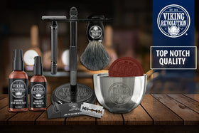 Viking Revolution pre-shave oil bottle to reduce drag and soften whiskers