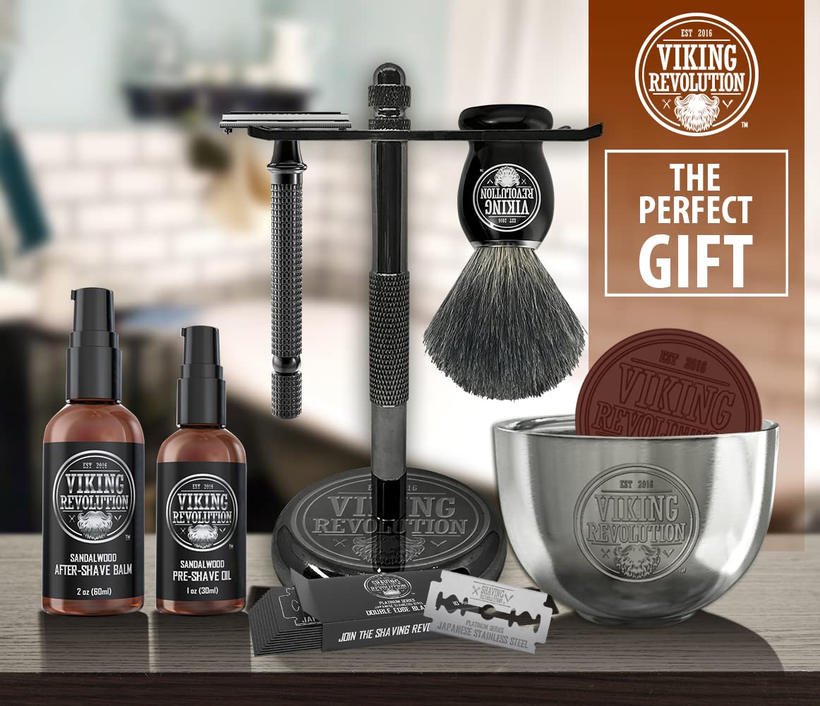Viking Revolution razor on stand showing balanced grip and storage benefit