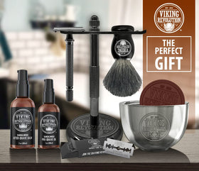Viking Revolution razor on stand showing balanced grip and storage benefit