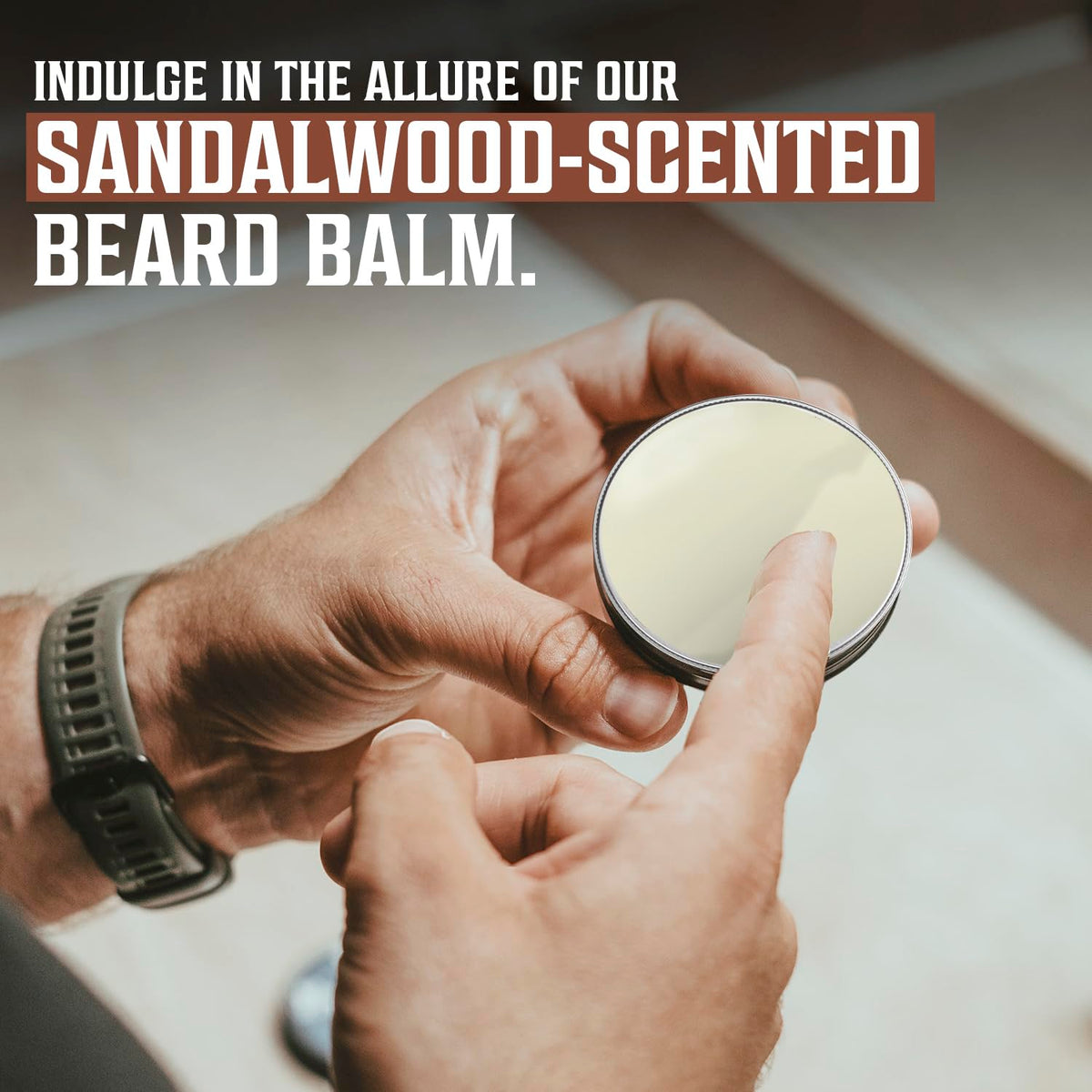 Viking Revolution balm being warmed in hand demonstrating easy application benefit