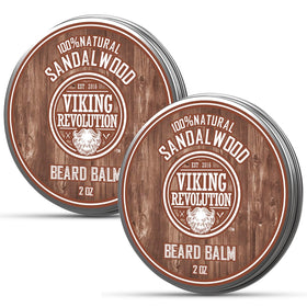 Viking Revolution front view of two sandalwood beard balm tins showing branding and size