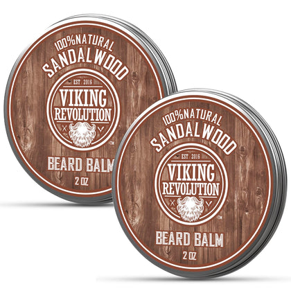 Viking Revolution front view of two sandalwood beard balm tins showing branding and size