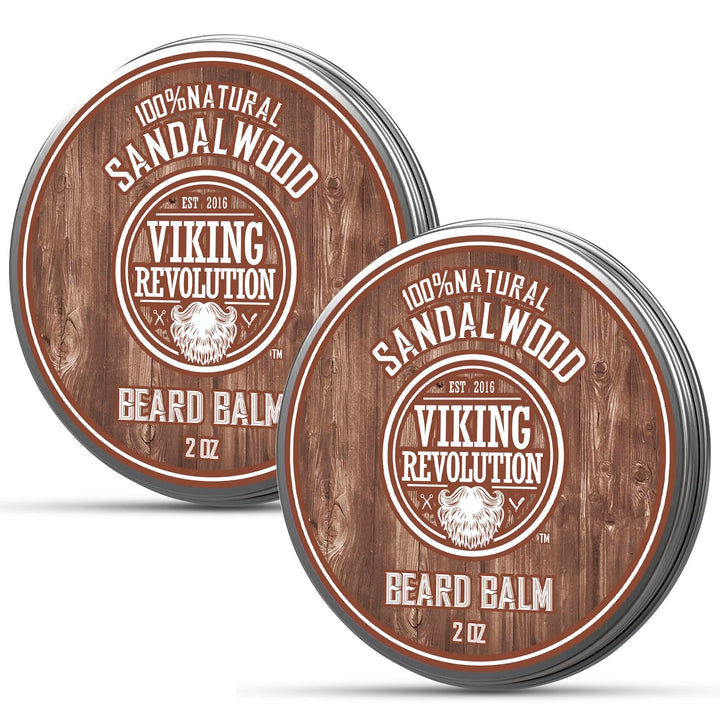 Viking Revolution front view of two sandalwood beard balm tins showing branding and size