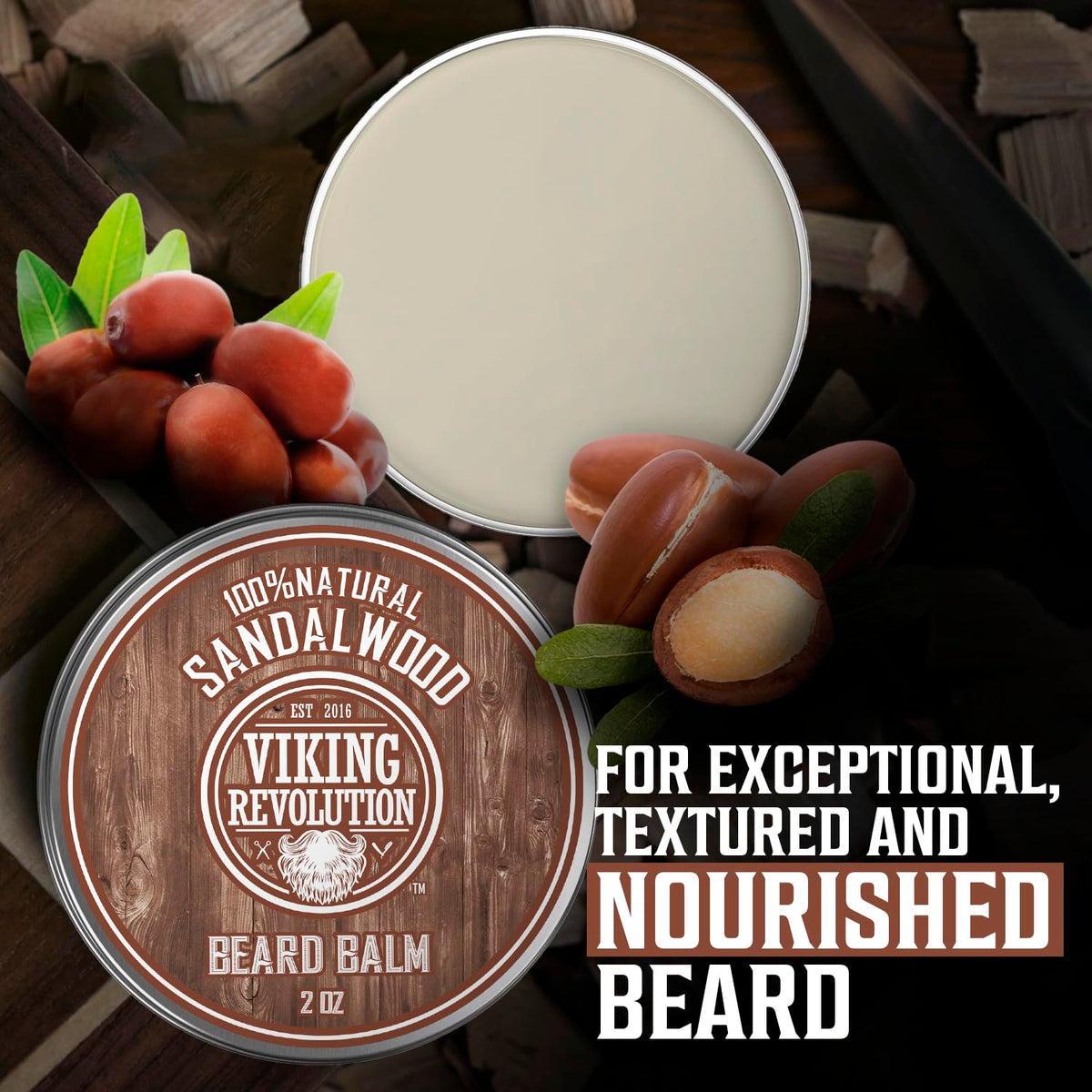Viking Revolution balm beside a ruler showing 2 oz tin scale for travel convenience