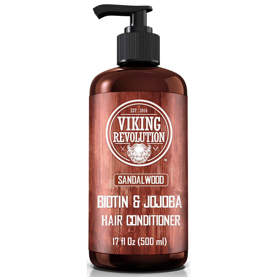 Viking Revolution bottle front view showing sandalwood conditioner and easy-pump benefit