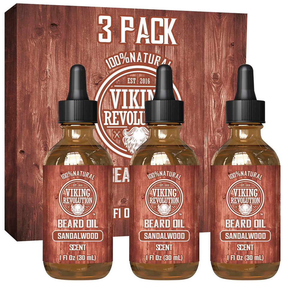 Viking Revolution front packaging showing three sandalwood beard oil bottles and benefit of grooming