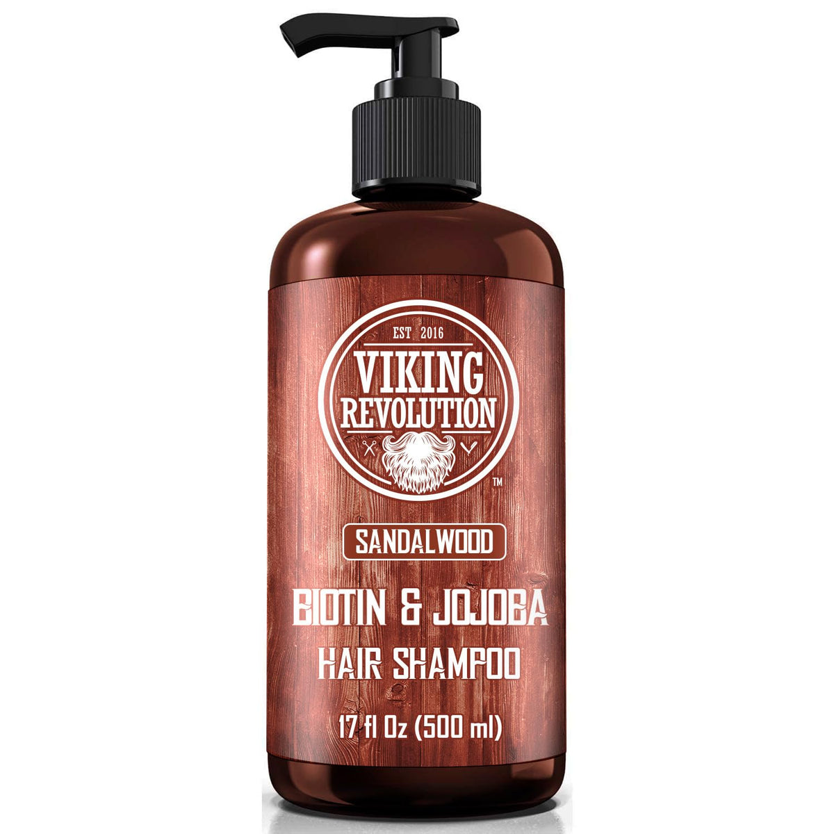 Viking Revolution front bottle view showing sandalwood shampoo and easy dispensing