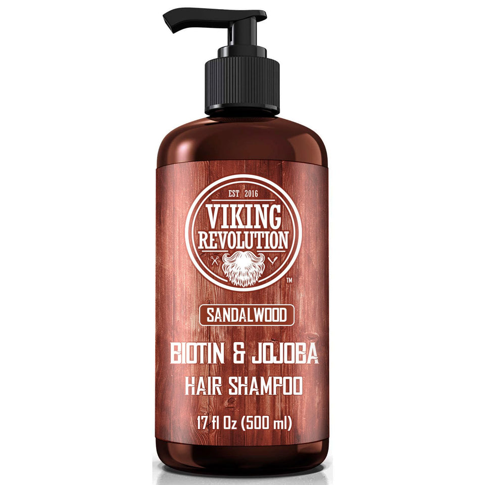Viking Revolution front bottle view showing sandalwood shampoo and easy dispensing