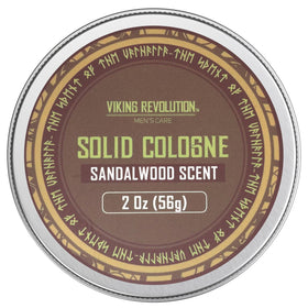 Viking Revolution front tin showing compact sandalwood cologne for portability