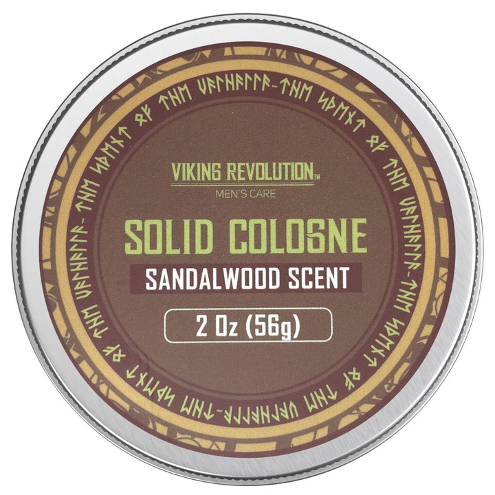 Viking Revolution front tin showing compact sandalwood cologne for portability