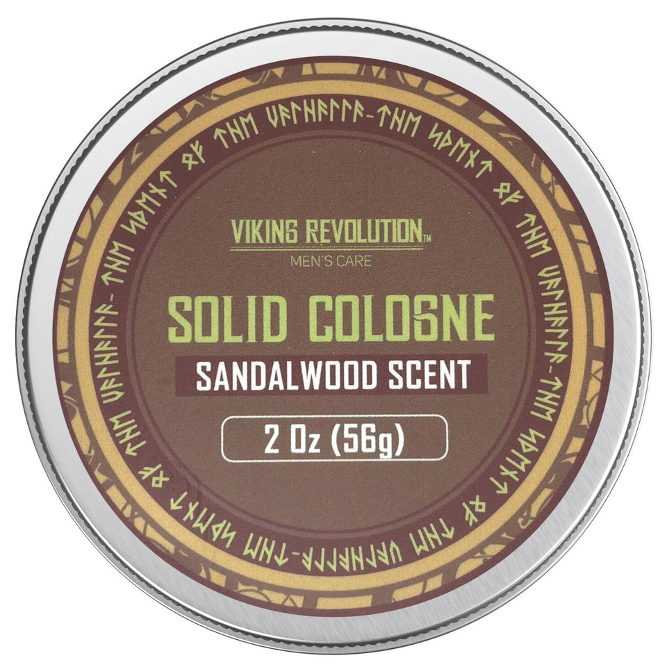 Viking Revolution front tin showing compact sandalwood cologne for portability