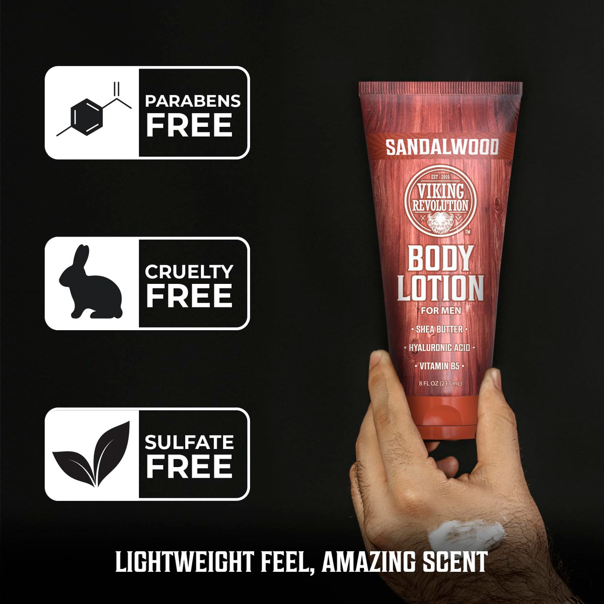 Viking Revolution ingredients label highlighting shea butter and hyaluronic acid benefits