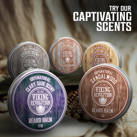 Viking Revolution label close-up emphasizing ingredients and sandalwood scent clarity