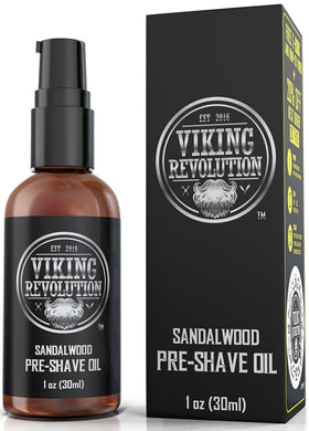 Viking Revolution front bottle view showing sandalwood pre-shave oil, promotes smoother shaves
