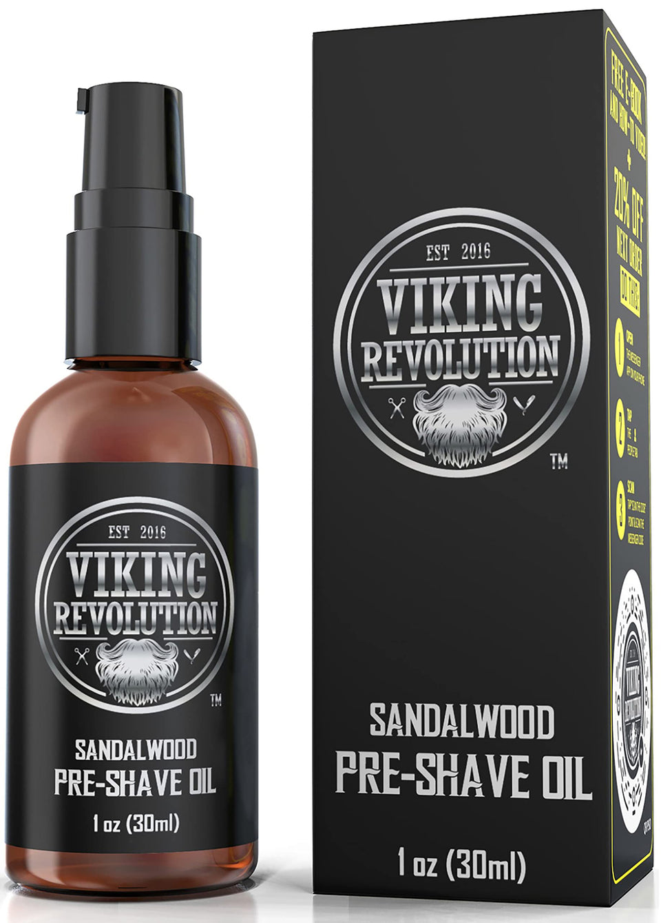 Viking Revolution front bottle view showing sandalwood pre-shave oil, promotes smoother shaves