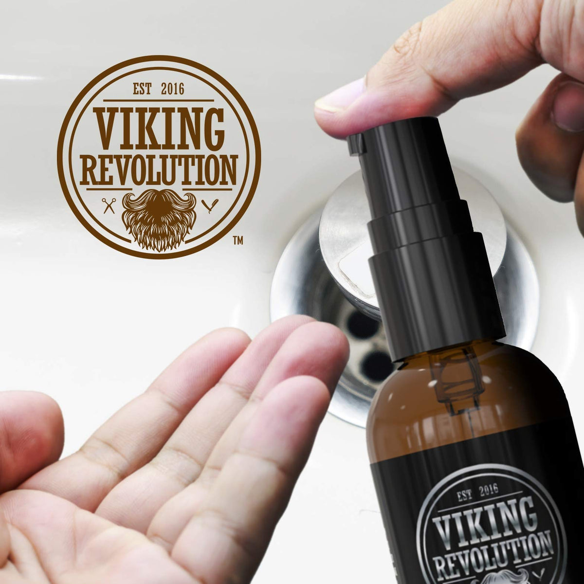 Morning routine scene with Viking Revolution oil on sink, suggests calming sandalwood scent