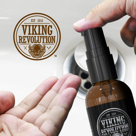 Morning routine scene with Viking Revolution oil on sink, suggests calming sandalwood scent
