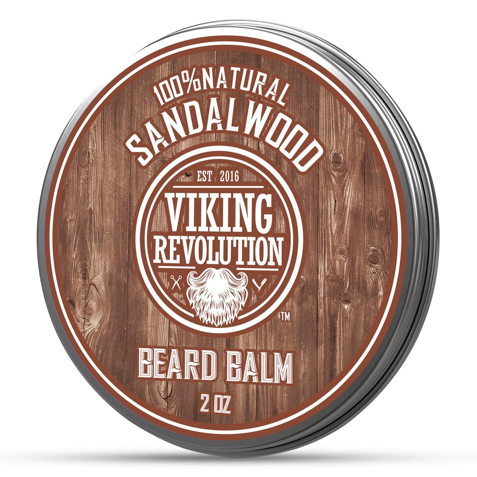 Viking Revolution tin front view showing sandalwood beard balm and neat packaging