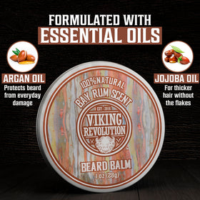 Viking Revolution sandalwood tin label visible highlighting scent and natural ingredients benefit: classic warm aroma