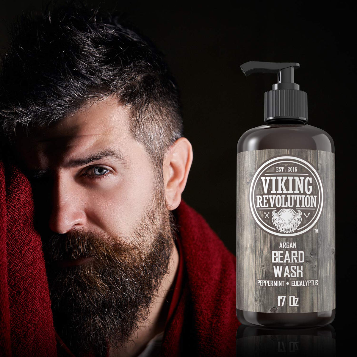 Viking Revolution shampoo being applied to beard showing easy application benefit