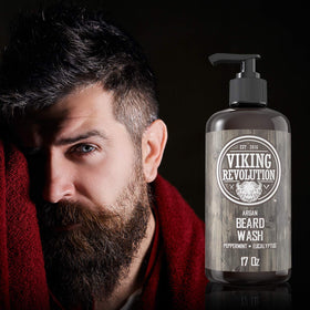 Viking Revolution shampoo being applied to beard showing easy application benefit