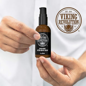 Viking Revolution bottle beside razor showing product size and practical grooming use