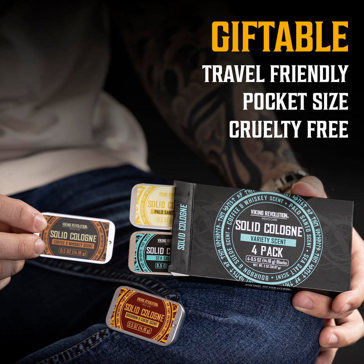 Viking Revolution travel pouch and tins packed in a toiletry kit for organized portability benefit: spill-proof storage