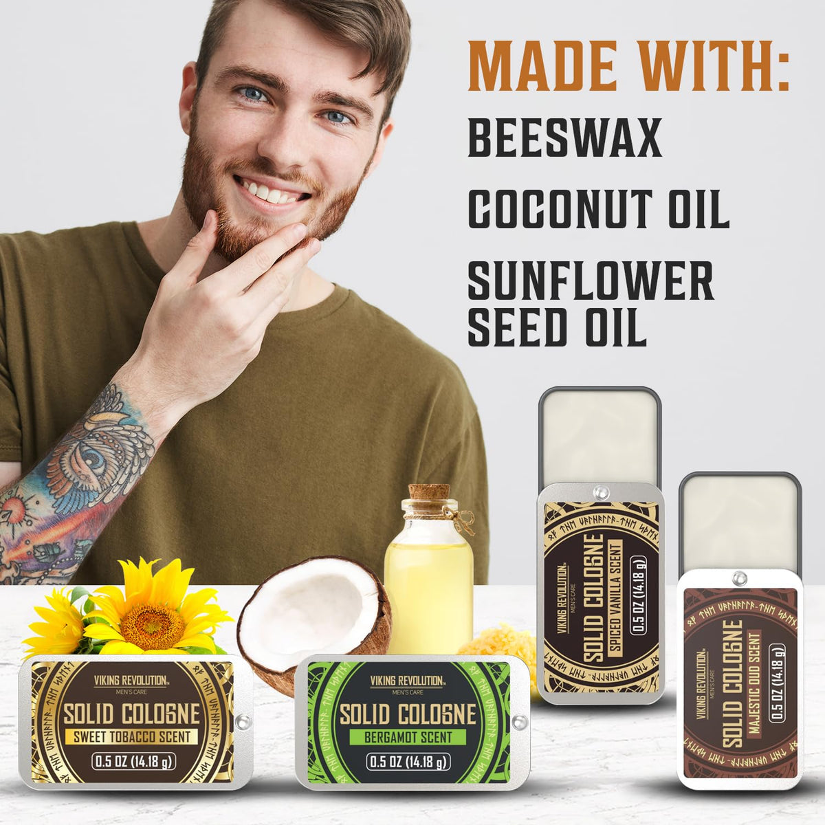 Viking Revolution applying solid cologne to wrist for quick, discreet scent refresh