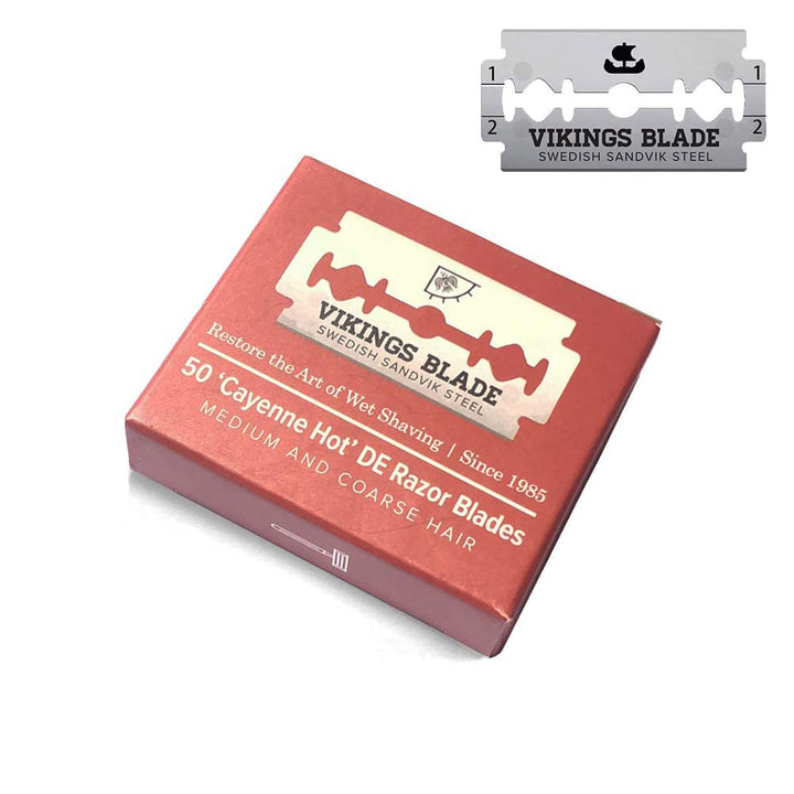 Vikings Blade front packaging showing 50-count blades and clear branding for lasting supply
