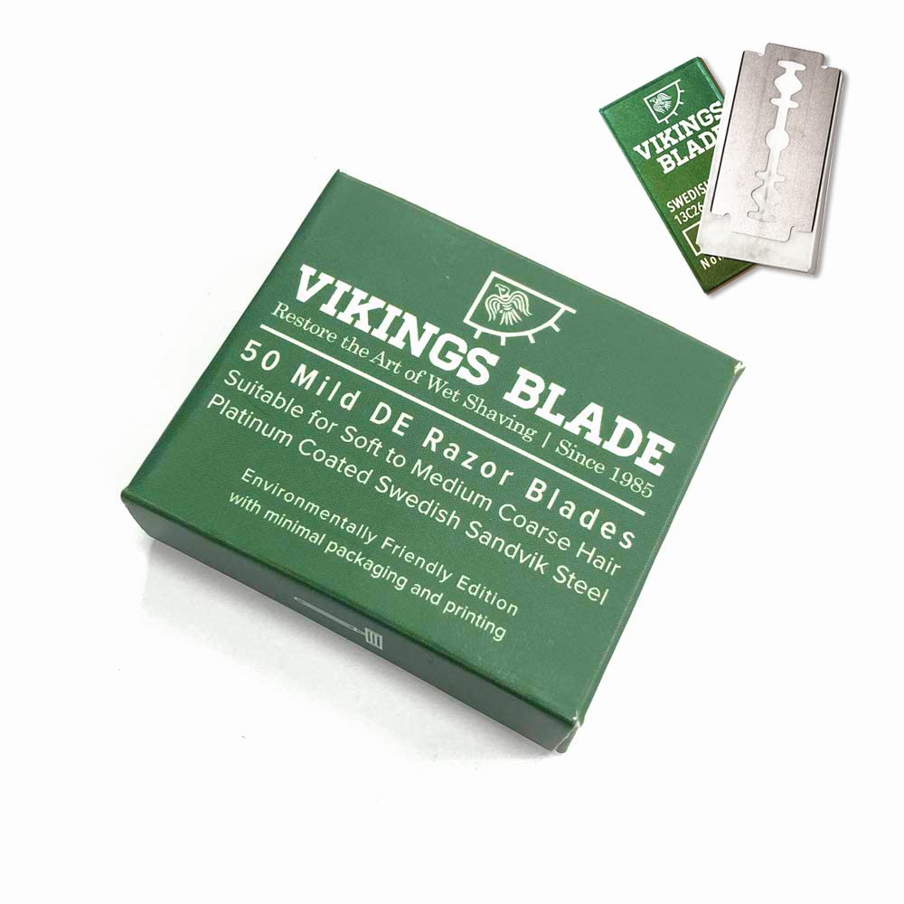 Vikings Blade front packaging showing 50 blades and brand benefit of reliable refills