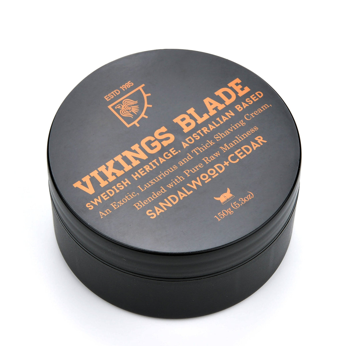 Vikings Blade front tub shot showing sandalwood cedar label and premium packaging benefit clarity