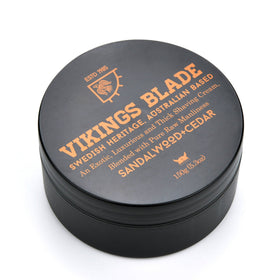 Vikings Blade front tub shot showing sandalwood cedar label and premium packaging benefit clarity