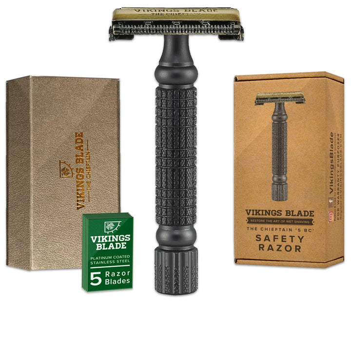 Vikings Blade front view of metal safety razor showing durable finish and precise head